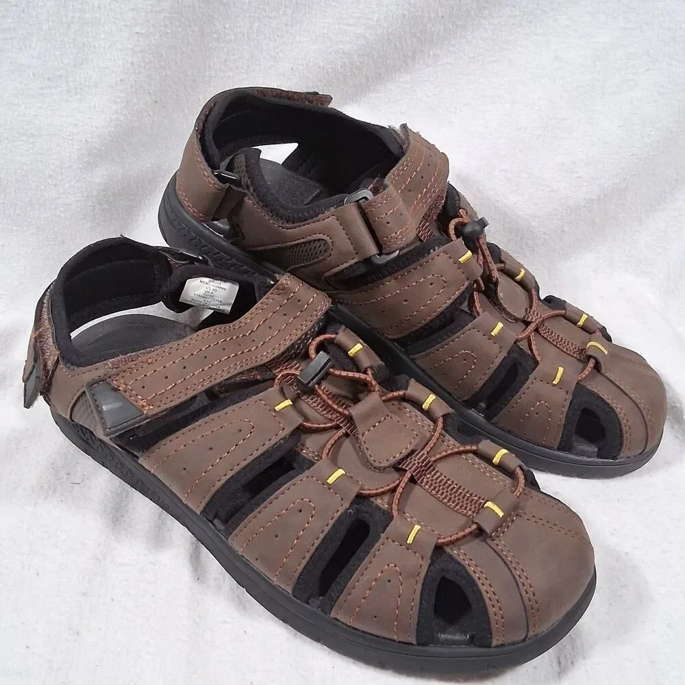 Lands' End Men 9D Brown Sport Sandals Closed Toe Hiking Water Shoes Bungee Laces
